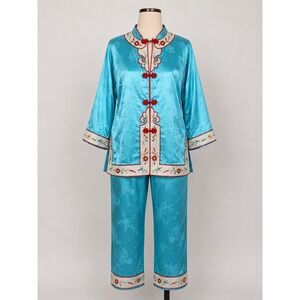 Golden Bee Vintage Turquoise Blue Satin Chinese Embroidered Pajama Set Medium